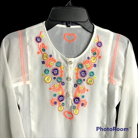H&M White Sheer Tunic Blouse w Colorful Stitched Design Girls 4-6 - Picture 2 of 5